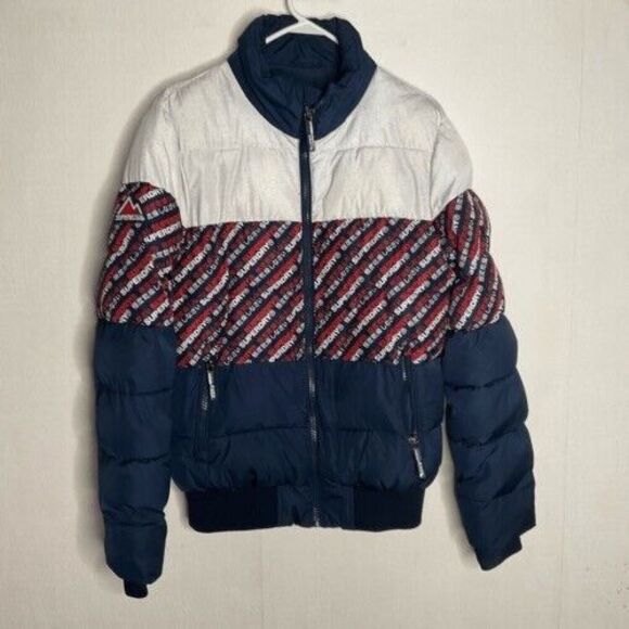 Superdry Sports Puffer FullZip Track Jacket Men Size S Blue Bomber Coat Gorpcore